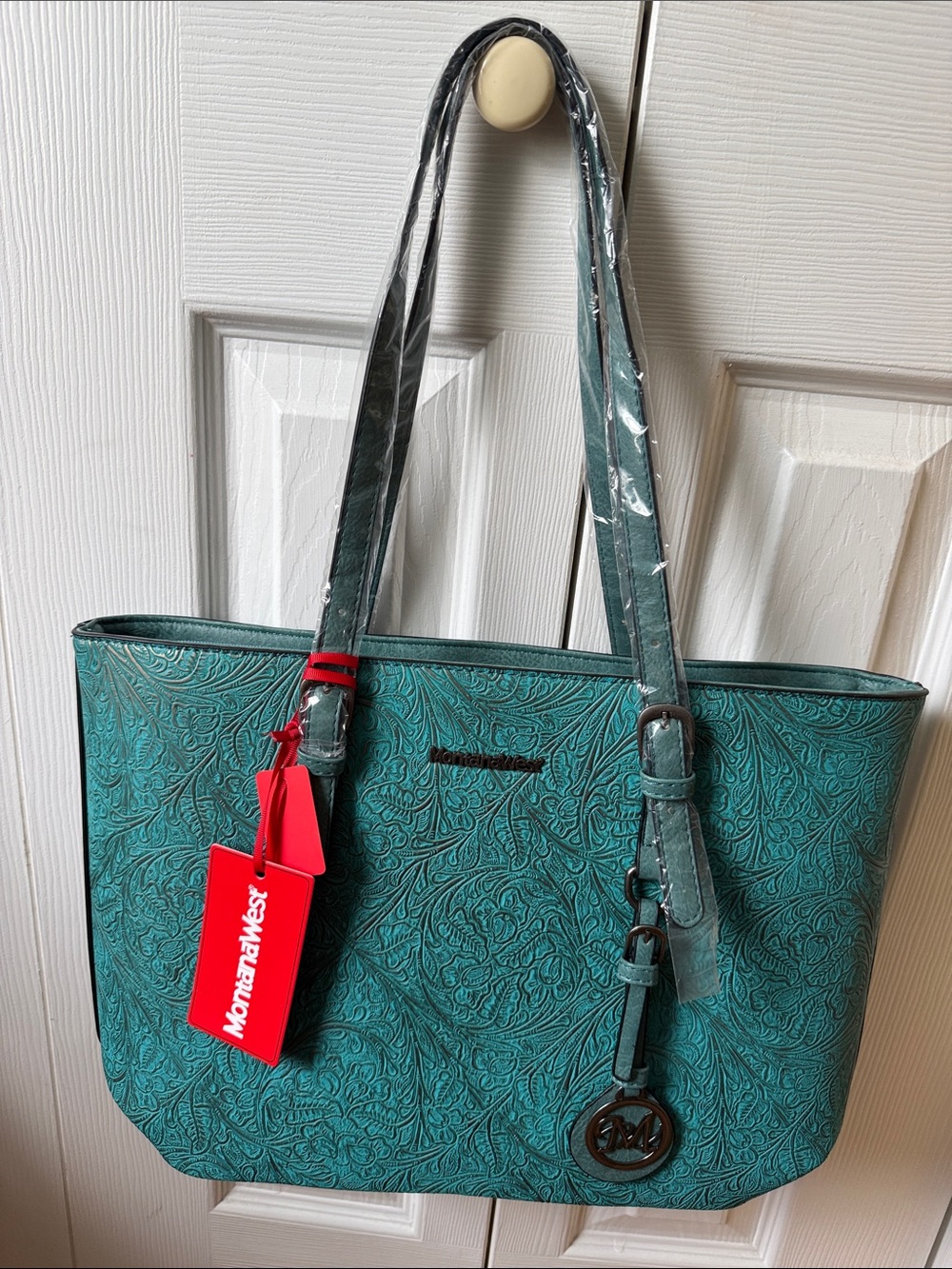Montana West Teal Embossed Floral Tote with Red Tag